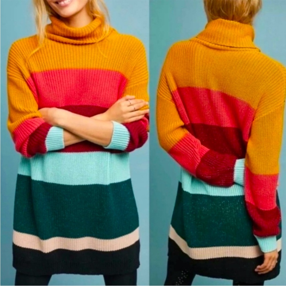 Farm Rio Boldly Striped Metallic Turtleneck Sweater Dress Anthropologie